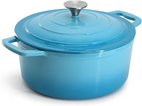 Vista 2 de MegaChef Cazuela redonda de hierro fundido esmaltado con tapa, 5 cuartos de galón, azul