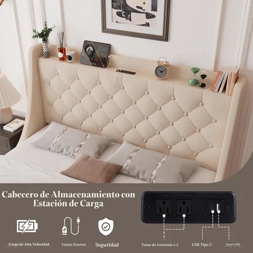 Vista 4 de Feonase - Base de cama tapizada tamaño matrimonial, 4 cajones para almacenar, puerto tipo C y USB, estación de carga, cabecera con respaldo capitoné