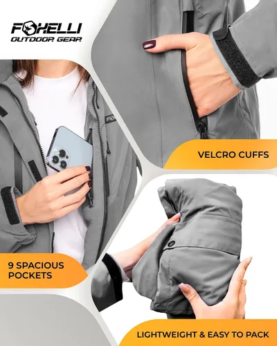 Vista 5 de Foxelli Chaqueta de senderismo impermeable para mujer, abrigo cálido con forro polar resistente al viento, chaqueta de lluvia con capucha