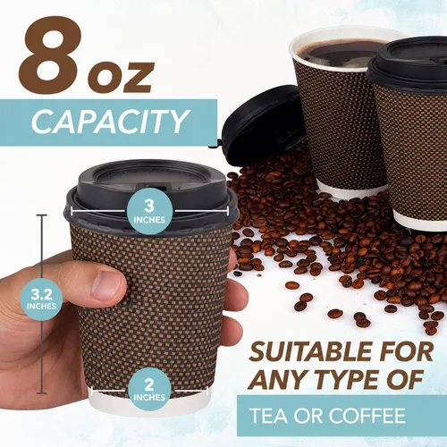 Vista 2 de Promora Tazas de café desechables marrones con tapas de 8 onzas, tazas de papel onduladas de papel aislado premium para café caliente, taza de café