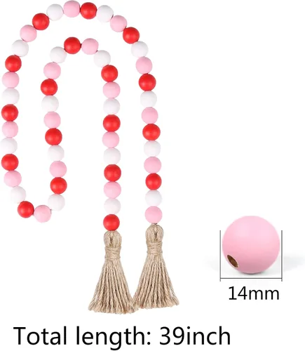 Vista 5 de Guirnalda de cuentas de madera para el día de San Valentín con borla, decoración de cuentas de madera rústica, cuentas de granja, decoración grande