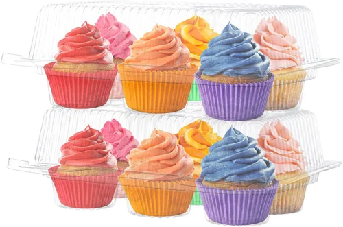 Vista 2 de Cajas de plástico para cupcakes 6 compartimentos – Paquete de 12 Soporte desechable de docena de magdalenas con tapa a granel Cajas apilables