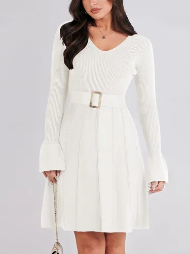 Vista 2 de ANRABESS Vestido tipo suéter de manga larga con cuello en V y lazo en la cintura, plisado, acampanado, elegante, de punto acanalado, vestido midi