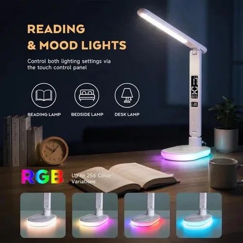 Vista 3 de Lámpara de escritorio LED con carga inalámbrica QI de 10 W, lámpara de mesa Flexo con 3 colores y 5 niveles de brillo con función de carga, USB