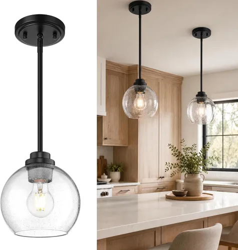 Vista 28 de Luces Colgantes para Isla de Cocina, 7" Luminarias Colgantes Negras y Doradas con Pantalla de Globo de Vidrio Transparente, Iluminación Moderna