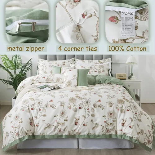 Vista 4 de FADFAY Juego de ropa de cama de 7 piezas, 100% algodón, diseño floral beige, tamaño Queen + funda de edredón, ropa de cama completa con flores rosas