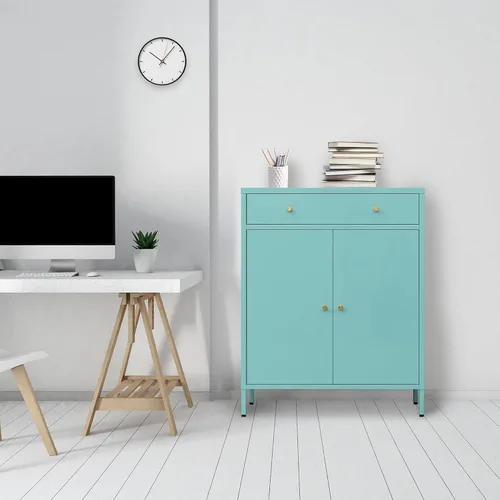 Vista 7 de CMY Aparador de buffet, gabinete de almacenamiento de metal con cajón y puertas, gabinete de oficina en casa con estante ajustable y niveladores