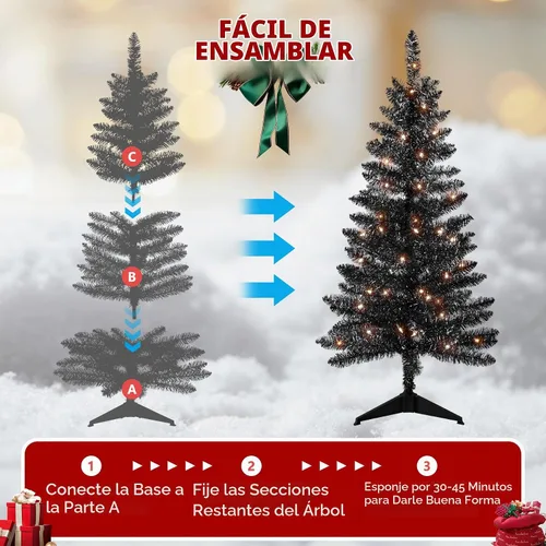 Vista 6 de Liguanow Árbol de Navidad artificial de 4 pies completamente negro con luces separadas, no preiluminado, mini árbol de Navidad de oropel negro, 50