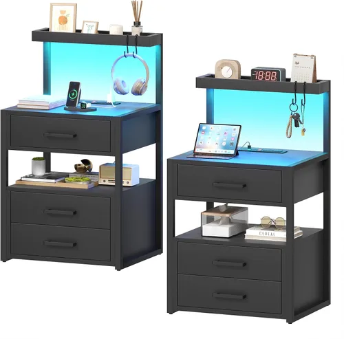 Vista 13 de Mesita de noche con estación de carga y luces LED, mesita de noche LED con 2 puertos USB y 2 salidas de CA, mesa auxiliar moderna con 3 cajones Negro