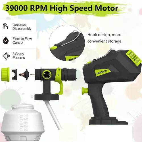 Vista 4 de Pulverizador de pintura inalámbrico para batería Ryobi de 18V, pistola de pintura HVLP de mano con 3 patrones de pulverización y 4 boquillas, ideal