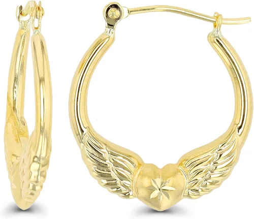 Vista 11 de Aretes de aro de oro amarillo de 14 quilates con múltiples formas de cierre con bisagras, alas y corazón, paloma y querubín, aretes de oro macizo