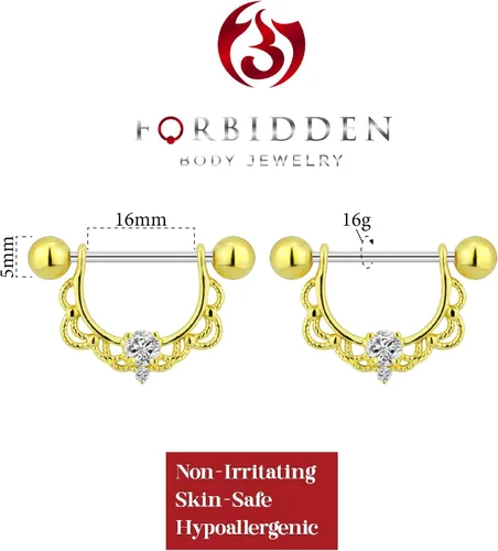 Vista 2 de Forbidden Body Jewelry Juego de pesas de filigrana de acero quirúrgico chapado en oro y circonita cúbica de cristal de encaje parcial de 0.55 oz