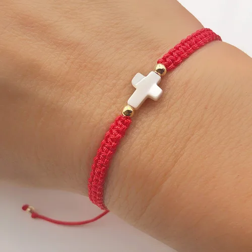 Vista 7 de Pulsera ajustable tejida a mano con cruz de nácar - Joyería espiritual para mujer