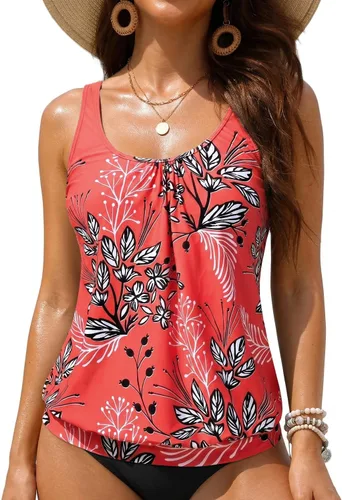 Vista 19 de Yonique Top Tankini Blouson para Mujer Sin Parte Inferior Top de Natación de Ajuste Holgado Top Tankini Modesto Negro
