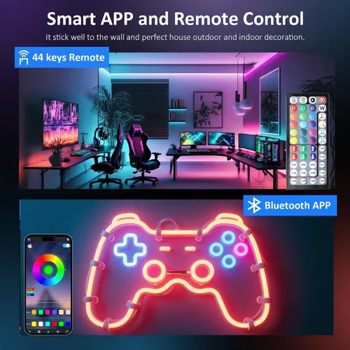 Vista 4 de Cable de luz LED de neón con control remoto, flexible, resistente al agua IP67 de 39 pies, sincronización de música, controlado por aplicación