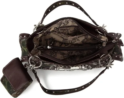 Vista 6 de Camuflaje Estilo Occidental Totes Bolso Floral Tachonado Bolso de Cuero Tooled Bolso de Cuero de las Mujeres del País Bolsa de Hombro Cremallera