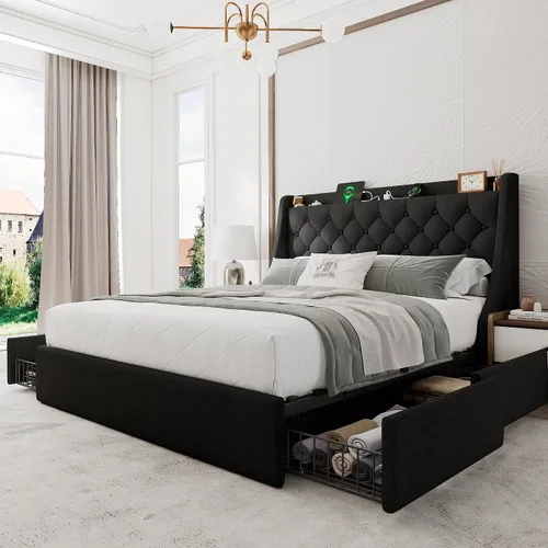 Vista 8 de Einhomn Base de cama tapizada de tamaño completo con 4 cajones de almacenamiento, cama de plataforma con cabecera con respaldo de ala, estación