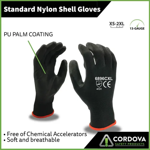 Vista 4 de Cordova Guantes estándar, calibre 13, carcasa de nailon negro, revestimiento de palma de poliuretano negro, mediano, paquete de 12