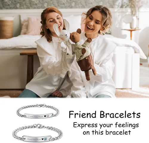 Vista 6 de MeMeDIY Juego de pulseras personalizadas para parejas, grabado personalizado con nombrefecha para hombres, mujeres, novio, novia, acero inoxidable
