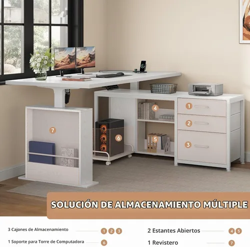 Vista 5 de Escritorio eléctrico en forma de L de 63 pulgadas con 3 cajones, mesa de computadora de almacenamiento, altura ajustable con tomas de corriente, 4