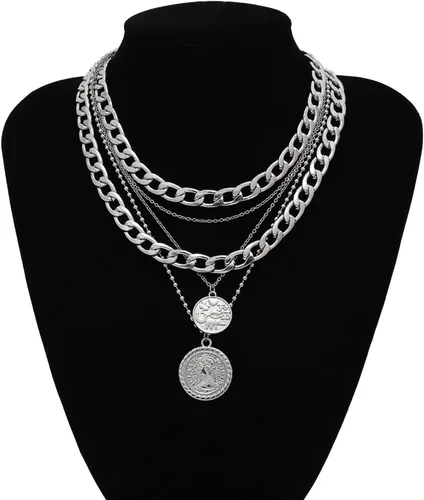 Vista 5 de YienDoo Collar bohemio multicapa con cadena cubana de eslabones gruesos de oro vintage, gargantilla de disco con colgante de moneda, collar