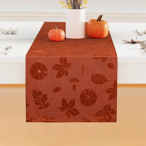 Vista 2 de Moosfor Camino de mesa rectangular de Acción de Gracias de 13 x 72 pulgadas, mantel jacquard impermeable de otoño con calabaza, hongos, manteles
