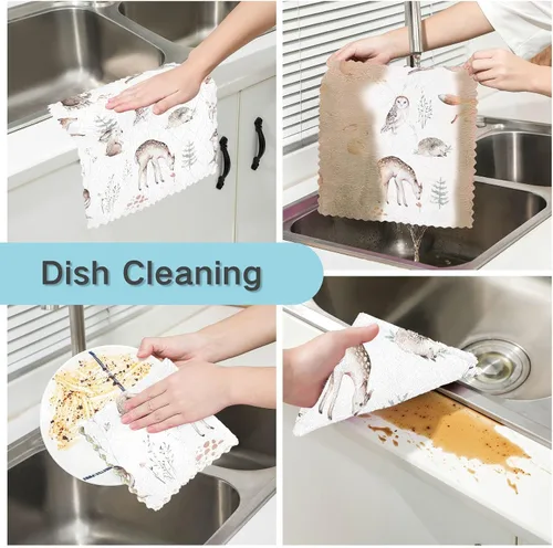 Vista 2 de CaTaKu Paños de cocina de animales del bosque de acuarela, paquete de 6 trapos reutilizables para lavar, paños de limpieza de microfibra, paños