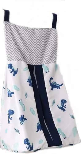 Vista 7 de Juego de ropa de cama de cuna de dinosaurio azul T-Rex con temática de dinosaurio para bebé, juego de ropa de cama + sábana bajera + falda + cenefa