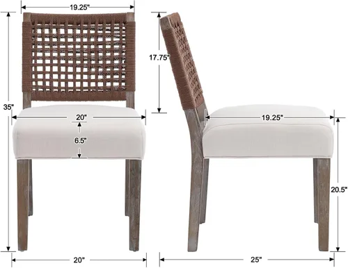 Vista 2 de Juego de 2 sillas de comedor de granja, sillas de comedor tapizadas con respaldo tejido a mano, asiento acolchado suave y patas de madera Beige