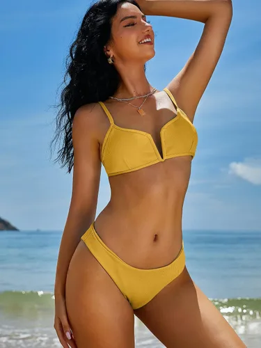 Vista 3 de ZAFUL - Conjunto de bikini de corte alto para mujer, traje de baño de dos piezas acanalado con aro en V