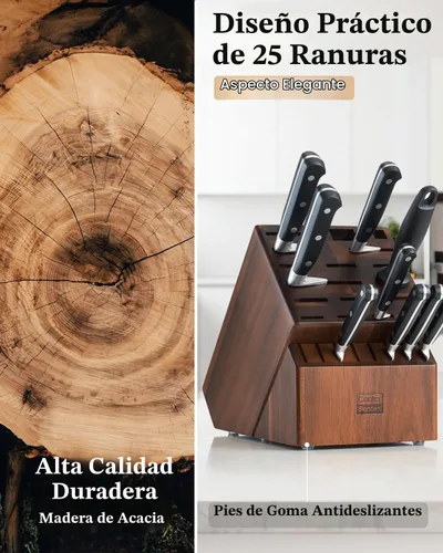 Vista 5 de Cooks Standard Soporte para bloque de cuchillos de madera de acacia sin cuchillos, 25 ranuras, extragrande, universal, soporte de cocina