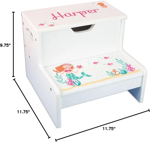 Vista 2 de My Bambino Taburete personalizado para niños, taburete de almacenamiento de sirena, ayudante de baño y cocina para niños pequeños, gran regalo