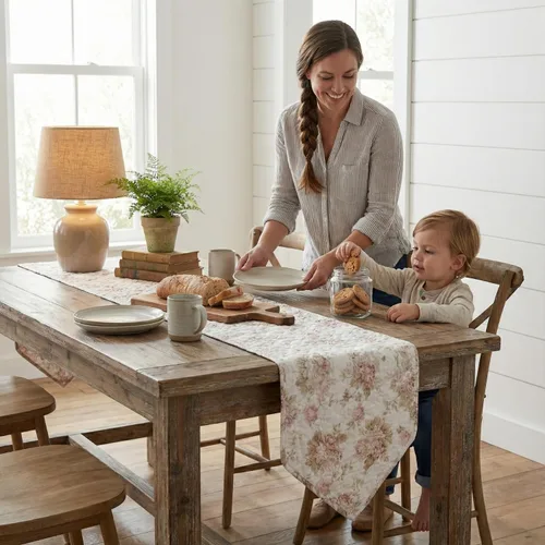 Vista 7 de DaDalogy Bedding - Camino de mesa de comedor acolchado floral con rosas de algodón – Bonito tapete decorativo de algodón para el jardín, bar
