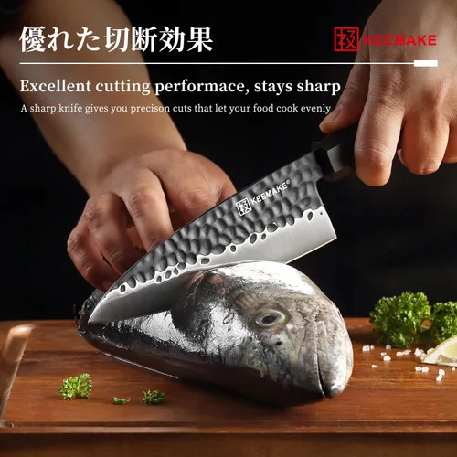 Vista 3 de Cuchillo Deba KEEMAKE de 6 pulgadas, cuchillo japonés de doble bisel de acero inoxidable 440C para pescado/filete con asa de madera octogonal G10