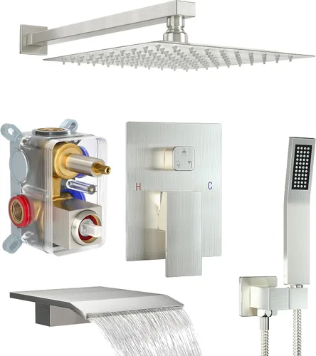Vista 18 de Sistema de ducha dorado cepillado con cabezal de ducha de lluvia de 10 pulgadas y boquilla de bañera cUPC-certified pressure balance brass valve