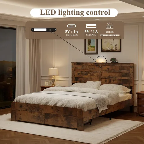 Vista 3 de Base de cama matrimonial con cabecera y almacenamiento, plataforma de madera con 2 cajones, carga USB tipo C y luces LED, no necesita somier, sin