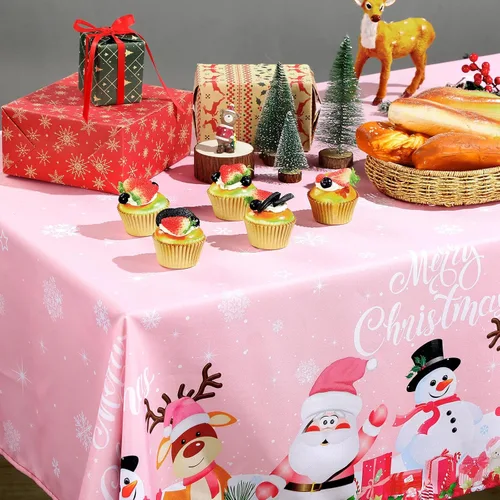 Vista 4 de Tiamon Mantel de Navidad rosa de 60 x 84 pulgadas para mesa rectangular, tela lavable a prueba de agua, cubierta de muñeco de nieve y Papá Noel