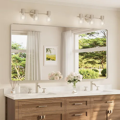 Vista 46 de Espejo de marco dorado cepillado de 16 x 24 pulgadas, espejo de tocador de baño de latón dorado para pared, espejo enmarcado rectangular de esquina