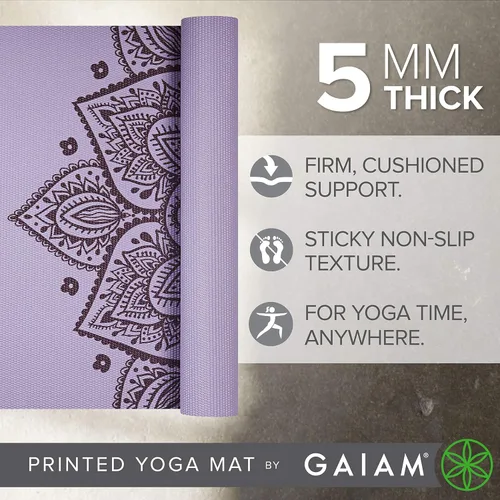 Vista 2 de Gaiam - Esterilla de yoga premium de 5mm con estampado, gruesa y antideslizante para todo tipo de yoga, pilates y entrenamientos en el suelo