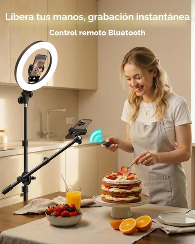 Vista 6 de Soporte de luz para trípode mejorado con 2 brazos telescópicos, trípode de luz de anillo de 67 pulgadas para iPhone y Android, soporte de teléfono