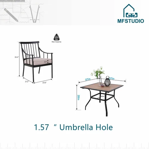 Vista 7 de MFSTUDIO Juego de comedor de 5 piezas de metal para patio, juego de muebles para exteriores con 1 mesa cuadrada de madera y 6 sillas de respaldo
