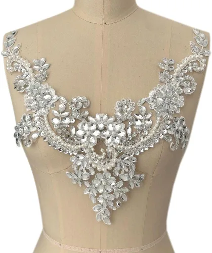 Vista 12 de Parches de encaje con flores y cuentas de perlas, apliques de strass para coser en ropa, cuello (AB)