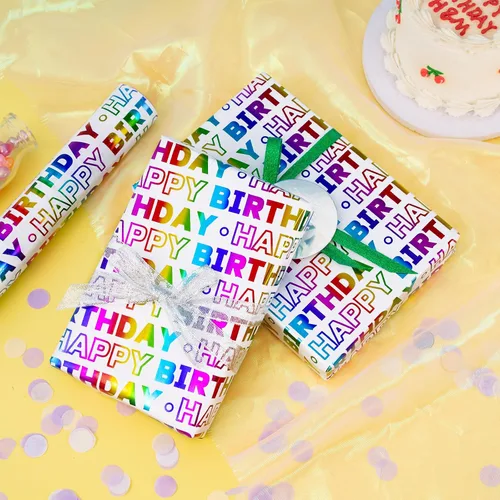 Vista 8 de LeZakaa Rollo de papel de regalo de cumpleaños, letras de feliz cumpleaños, diseño holográfico colorido para baby shower, envoltura de regalo