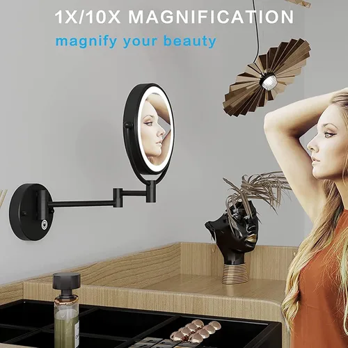 Vista 3 de Espejo de maquillaje LED con luces y aumento de 10x, espejo de tocador montado en la pared, redondo, de doble cara, con brazo extensible giratorio