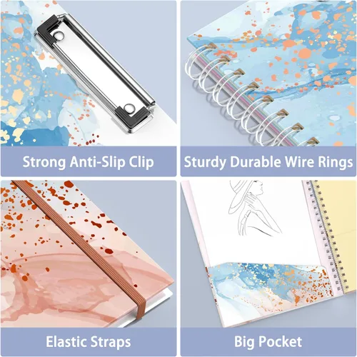 Vista 5 de Rimilak Spiral Clipboard Folio with Refillable Lined Notepad, 14.5 x 9.8 In, Hardcover Cover with 5 Interior Pockets, Elastic Band and Pen Loop