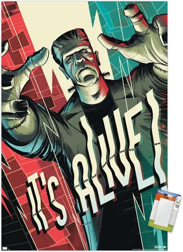 Vista 11 de Frankenstein - Póster de pared It's Alive by César Moreno, 22.4 pulgadas de largo x 14.7 pulgadas de ancho, versión enmarcada en madera de granero