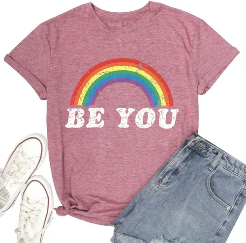 Vista 5 de Camisa de arco iris para mujer, camiseta de orgullo con estampado de arco iris, camisetas casuales de manga corta, Arco iris