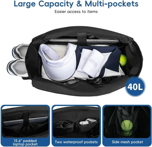 Vista 4 de KAVIGOR Bolsa de tenis con compartimento para zapatos - Bolsa extragrande acolchada para pickleball con capacidad para 2-4 raquetas, resistente al