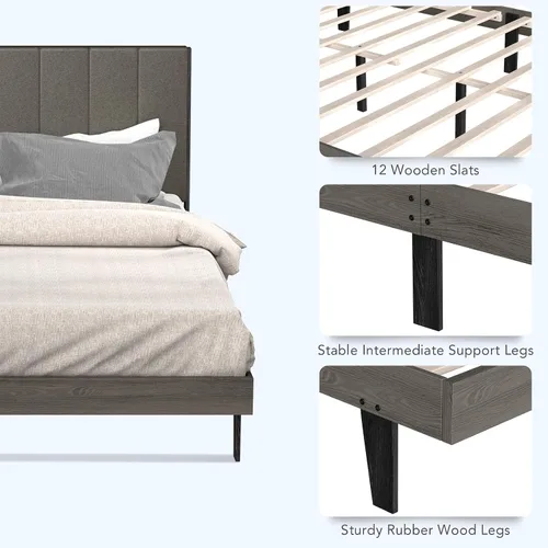 Vista 6 de Giantex Base de cama tapizada, soporte de listones de madera, base de colchón Queen con cabecera copetuda, cama de plataforma con patas de madera