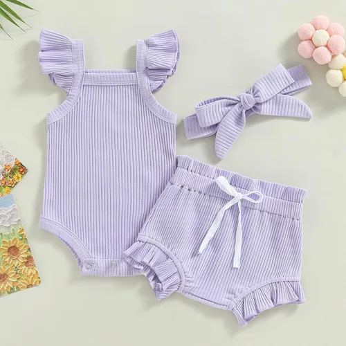 Vista 8 de Ropa de bebé recién nacida, sin mangas, con flores, enterizo, pantalones cortos, conjunto de verano